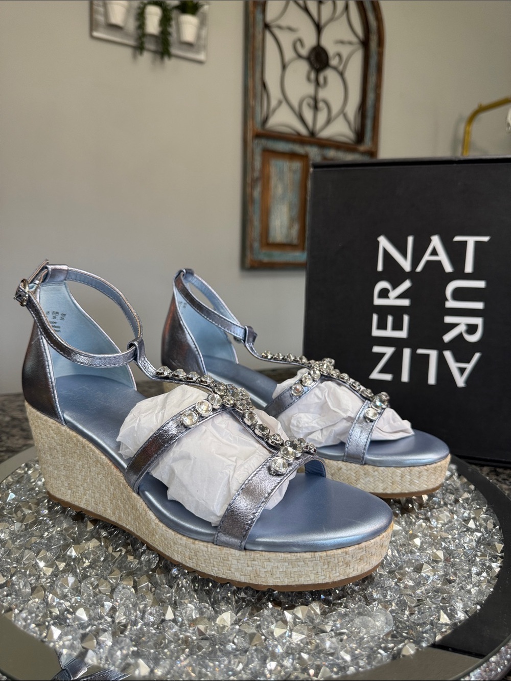 Naturalizer Serena Metallic blue Silver Jeweled Wedge Sandals NEW 8.5